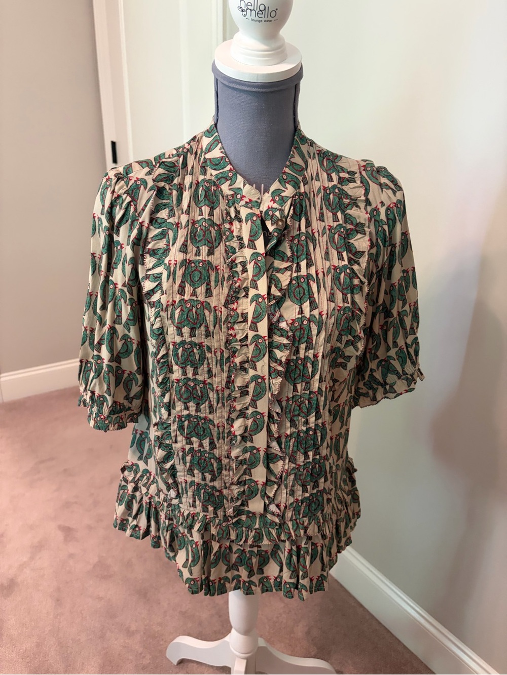 Anthropologie Green Bird Pintuck Peplum Blouse